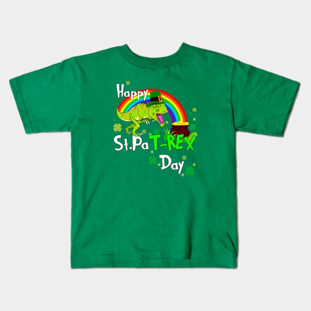 Happy St Patrick's Day Dinosaur PaT Rex Leprechaun Rainbow Kids T-Shirt by Bezra